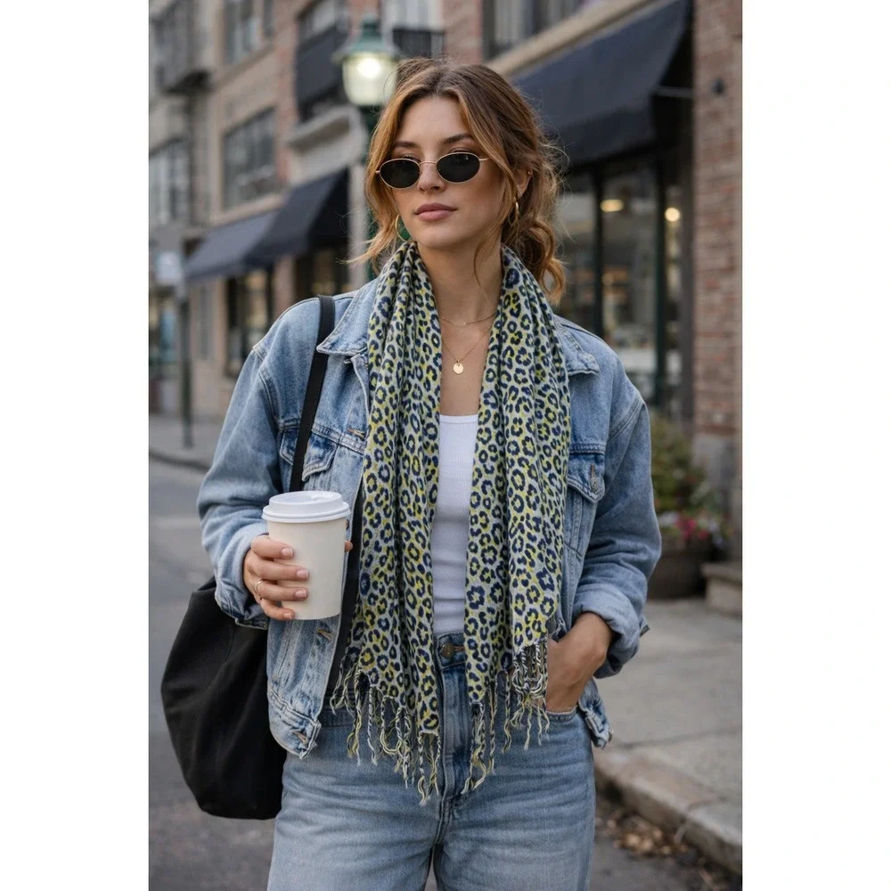 Kirra Scarf Wrap Shawl Boho Animal Print Blue Gray Artsy Indie Lightweight 20x76
